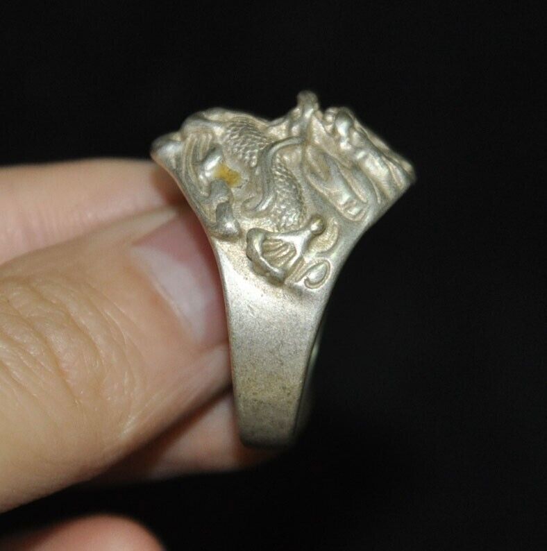 old China silver wealth FengShui animal dragon Exorcism dynasty jewelry ring