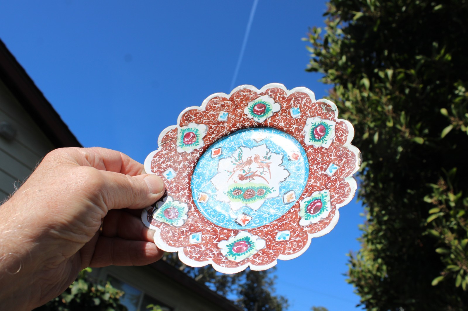 Decorative Copper Plate Hand-Painted with Persian Minakari Enamel Bird Details