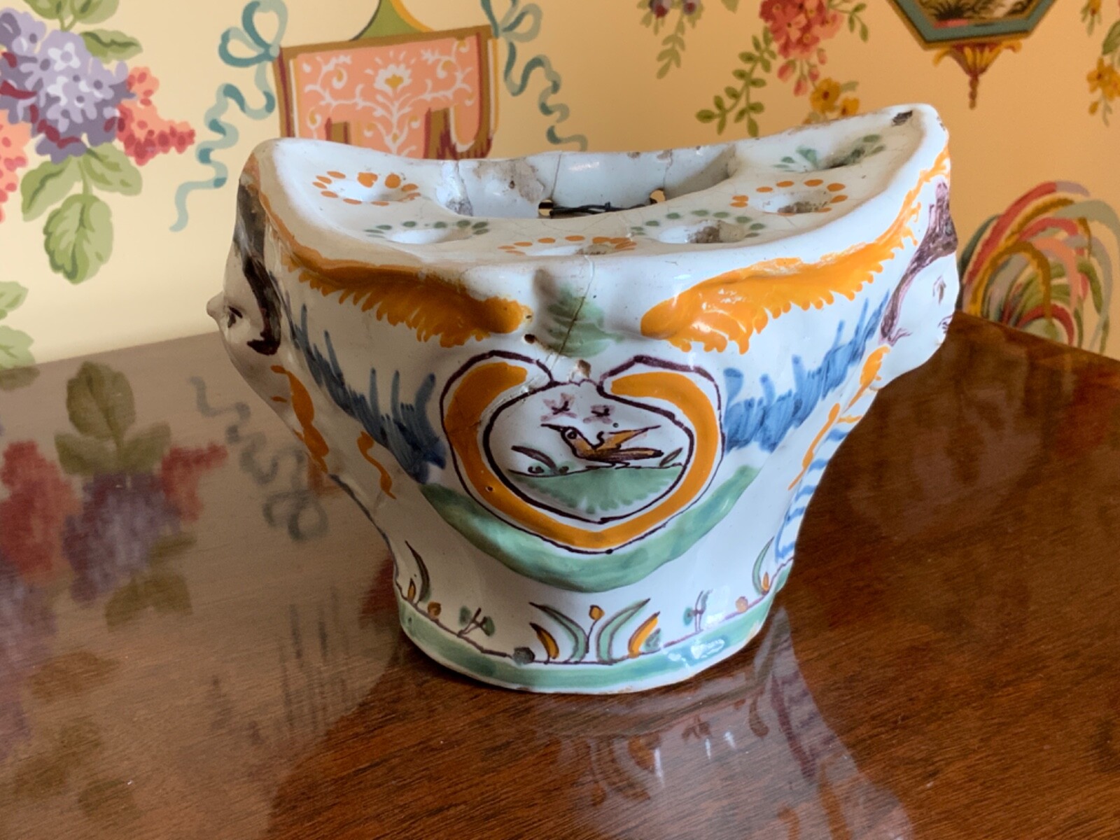 Antique European Majolica Pottery Flower Holder Crazing & Staple Repair Patina