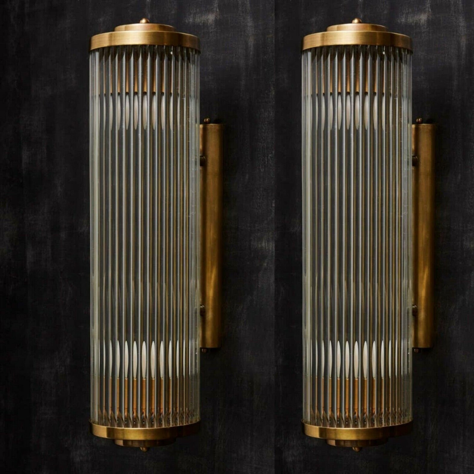Pair Vintage Art Deco Skyscraper Wall Sconces Brass & Glass Rod Ship Lights