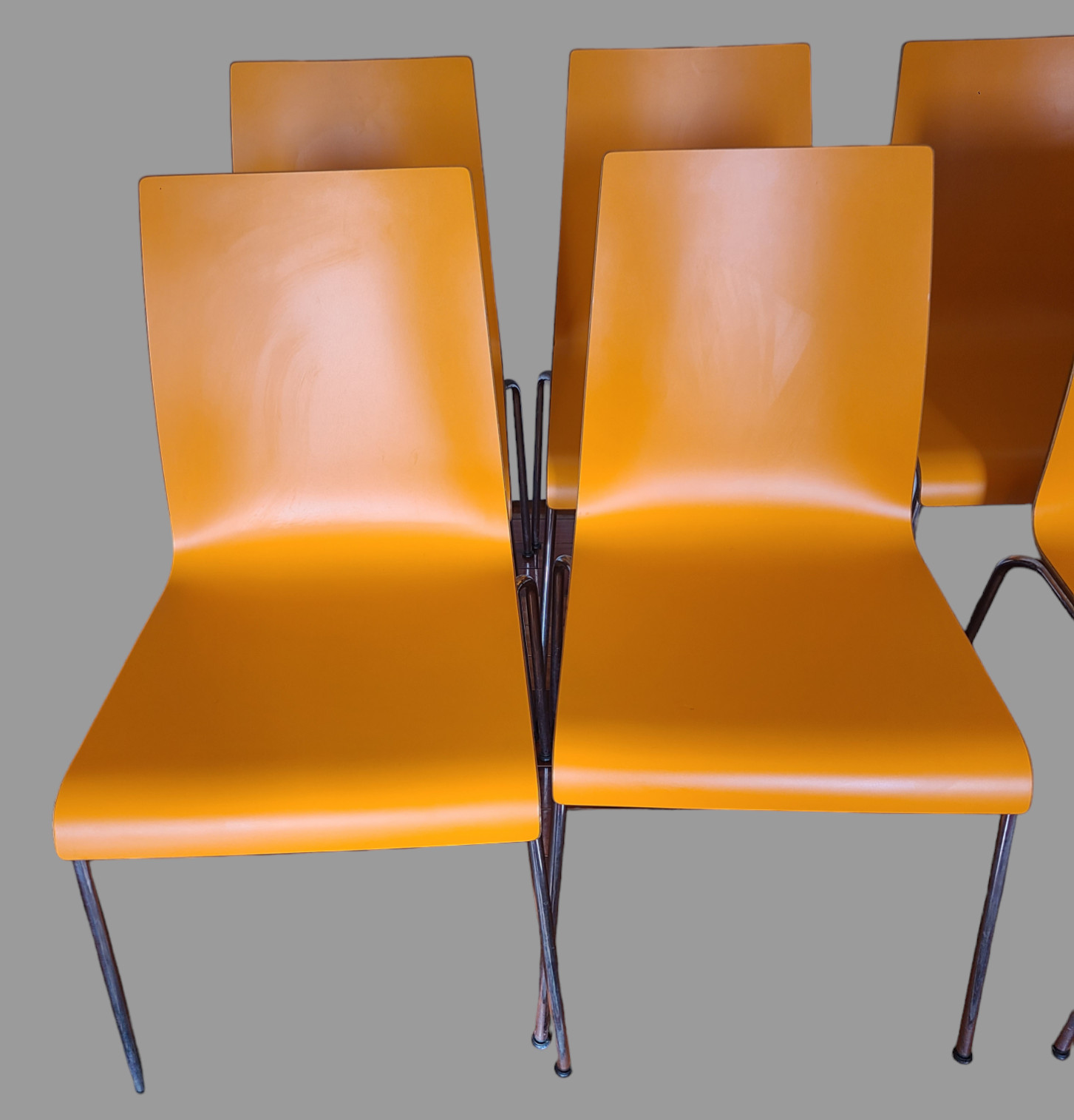 Vintage 6 Dining room Stackable Mid-Century Modern Orange Plywood Formica Chairs