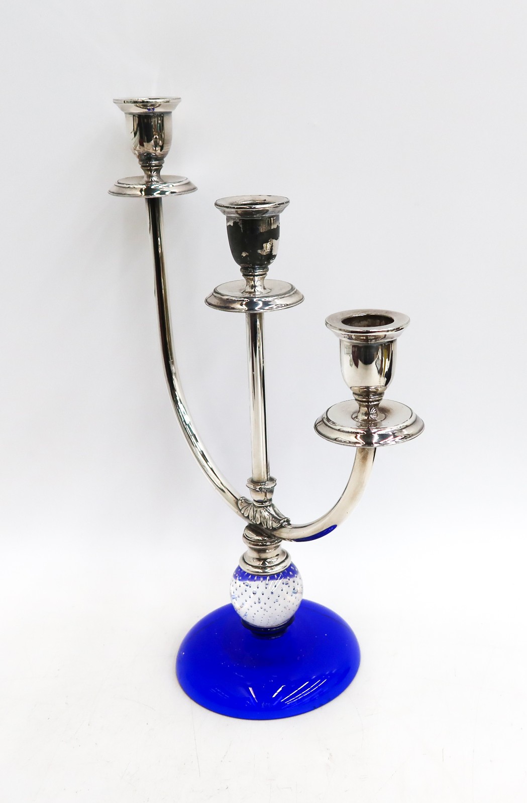 Pairpoint Silverplate and Controlled Glass Bubble Three Stem Candelabra
