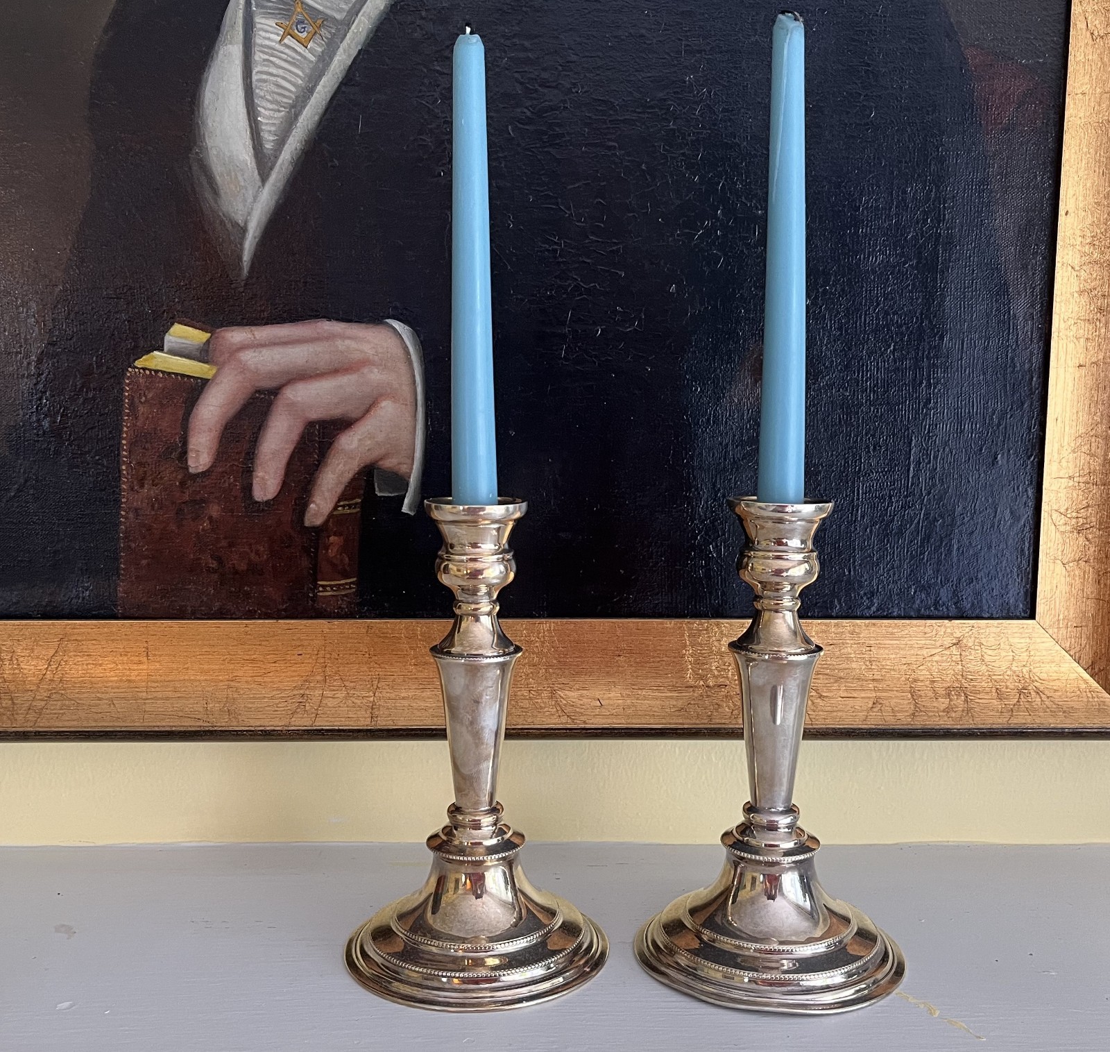 Pair Viners Sheffield Silver Plate on Copper Candlesticks Regency Style 8”