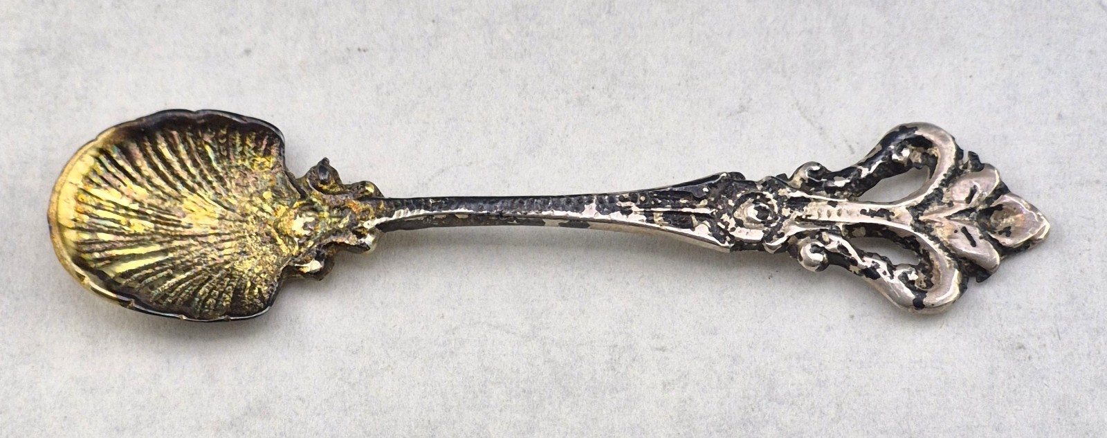 Antique German 800 Sterling Silver Shell Fleur de Lis Salt Cellar Spoon 2 3/8″