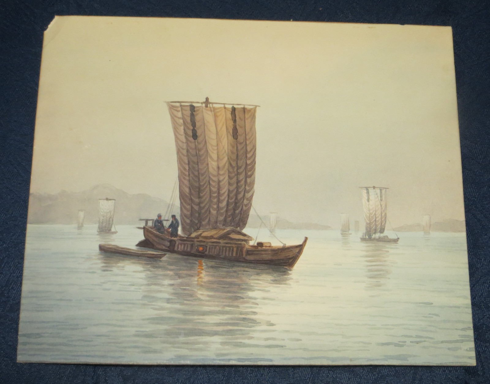 Japanese Woodblock “Sailboats on Lake Kawaguchiko Oban”