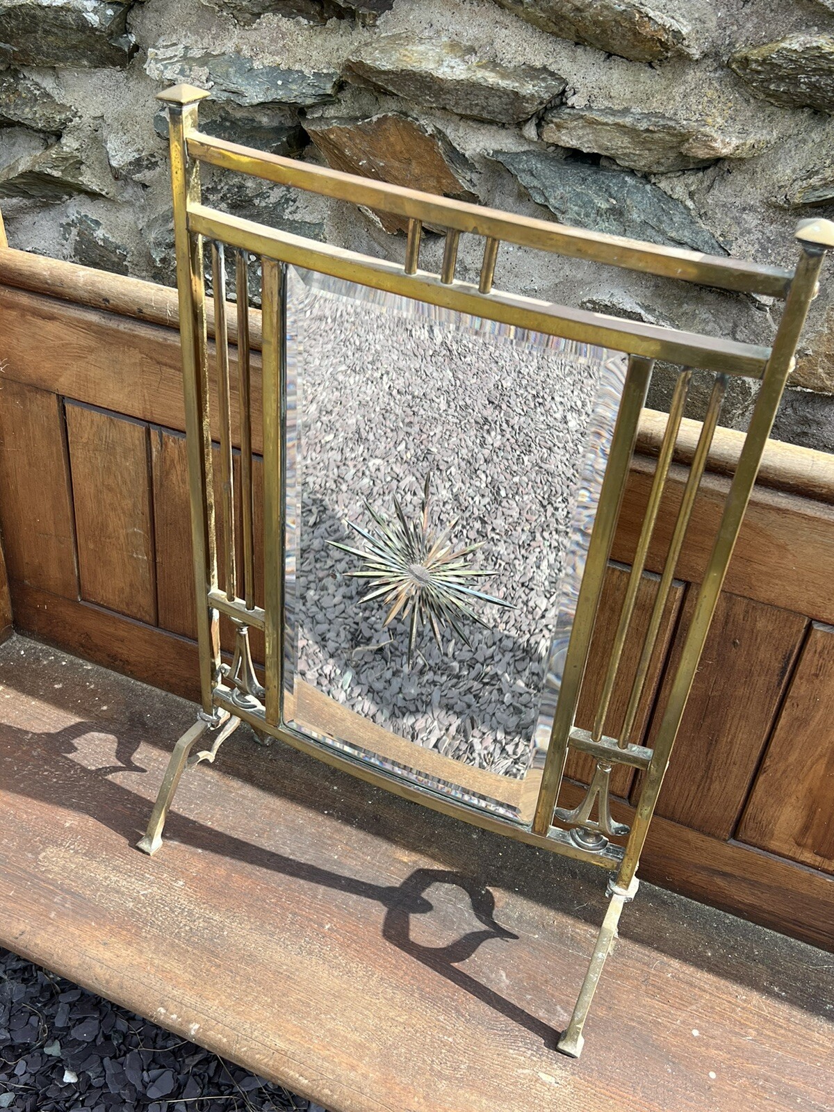 Antique Fire Screen Arts & Crafts Brass & Mirrored Bevelled Star Burst glass.