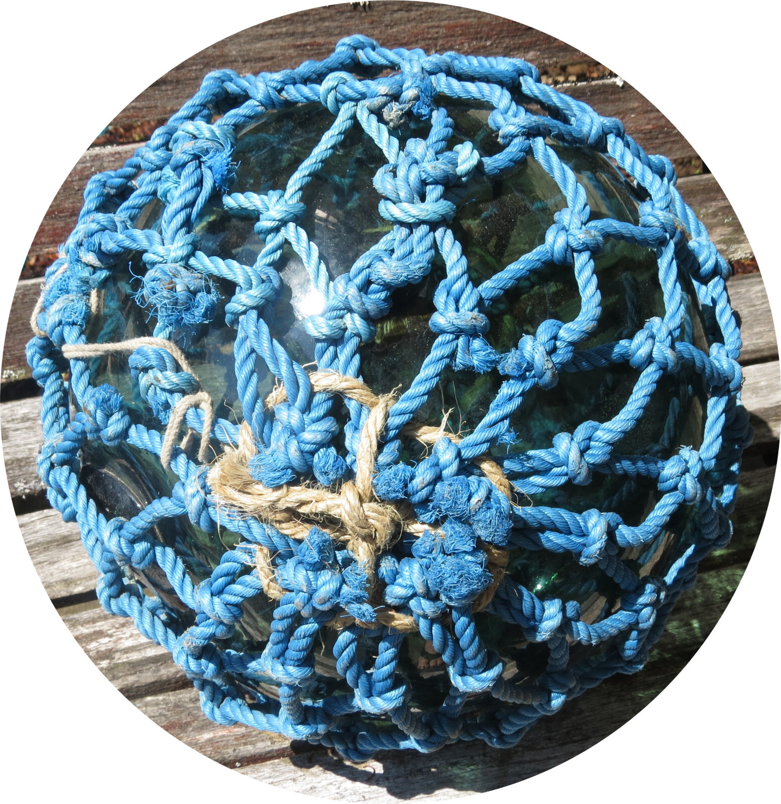 Japanese GLASS Fishing Float XL 10″ Dark Green in Blue Net Dramatic! USA BZ 23T