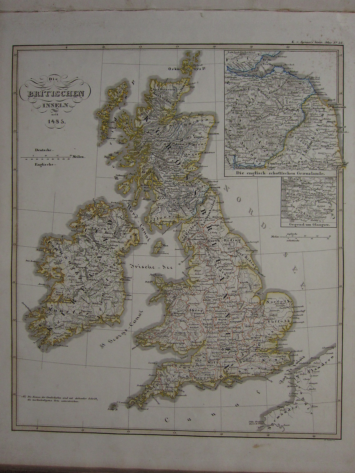 1846 SPRUNER ANTIQUE HISTORICAL MAP BRITISH ISLES 1485 ENGLISH SCOTTISH GLASGOW