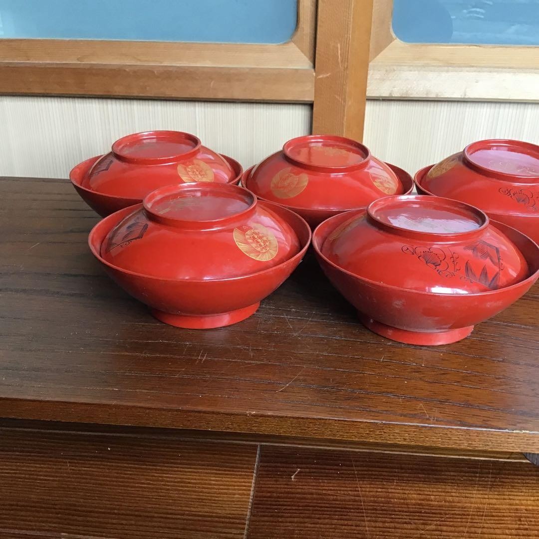 N/A Wajima Lacquer Red Ground Crane Turtle Plum MakiE Soup Bowls 5 Set