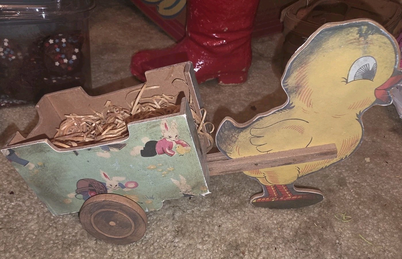 Primitive Wooden Spring Easter Chicken Chick Pulling Cart Vtg Style Decor AS IS