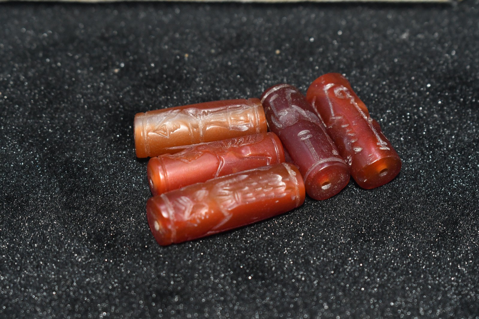 5 Antique Old Near Eastern Carnelian Stone Intaglio Seal Barrel Beads