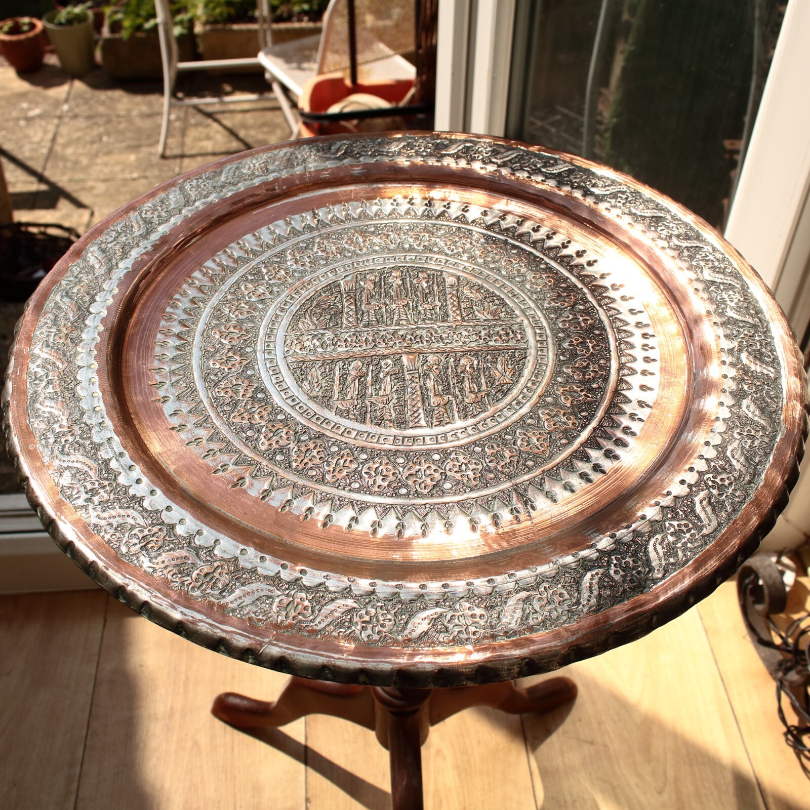 Middle Eastern Tinned Copper Tray Hand Hammered Decorations, 39cm Wide
