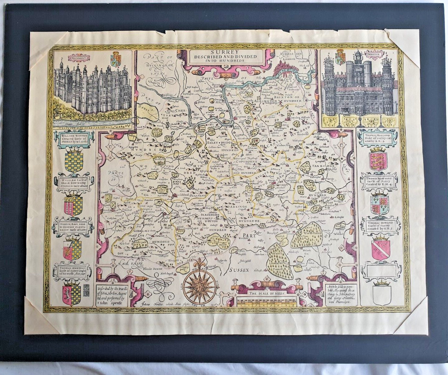 John Speed Map of Surrey – 64 x 47 cm Hand-Colored #ListingsInLights