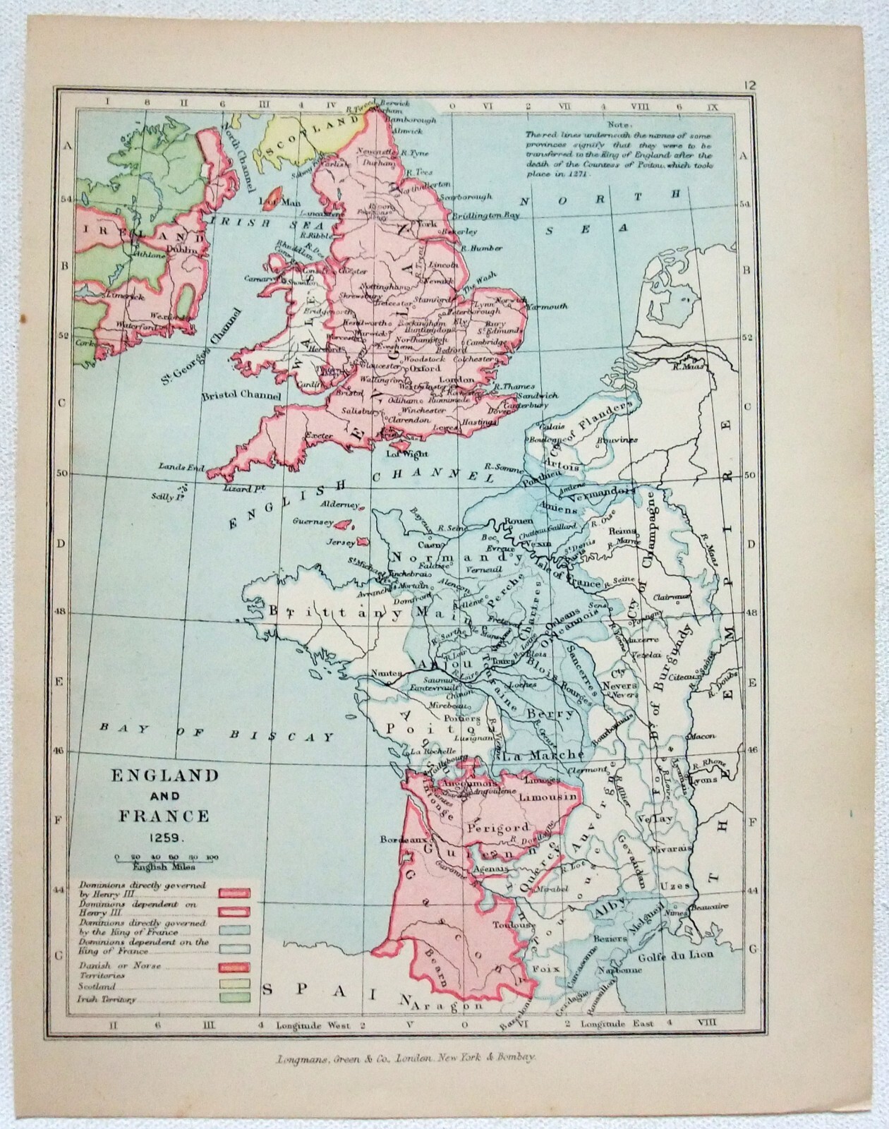 Vintage Longmans Map of England & France in the Year 1259