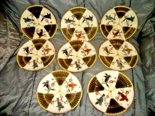 Wedgwood Majolica Plates Aesthetic Set 8 Aesthetic 19th C England Fans Birds