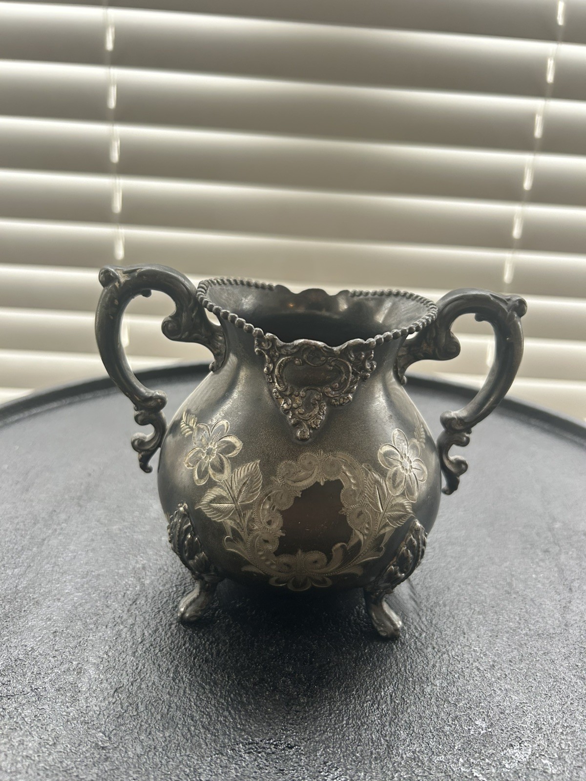 Vintage Engraved Silver Plated Sugar Bowl – Double Handle