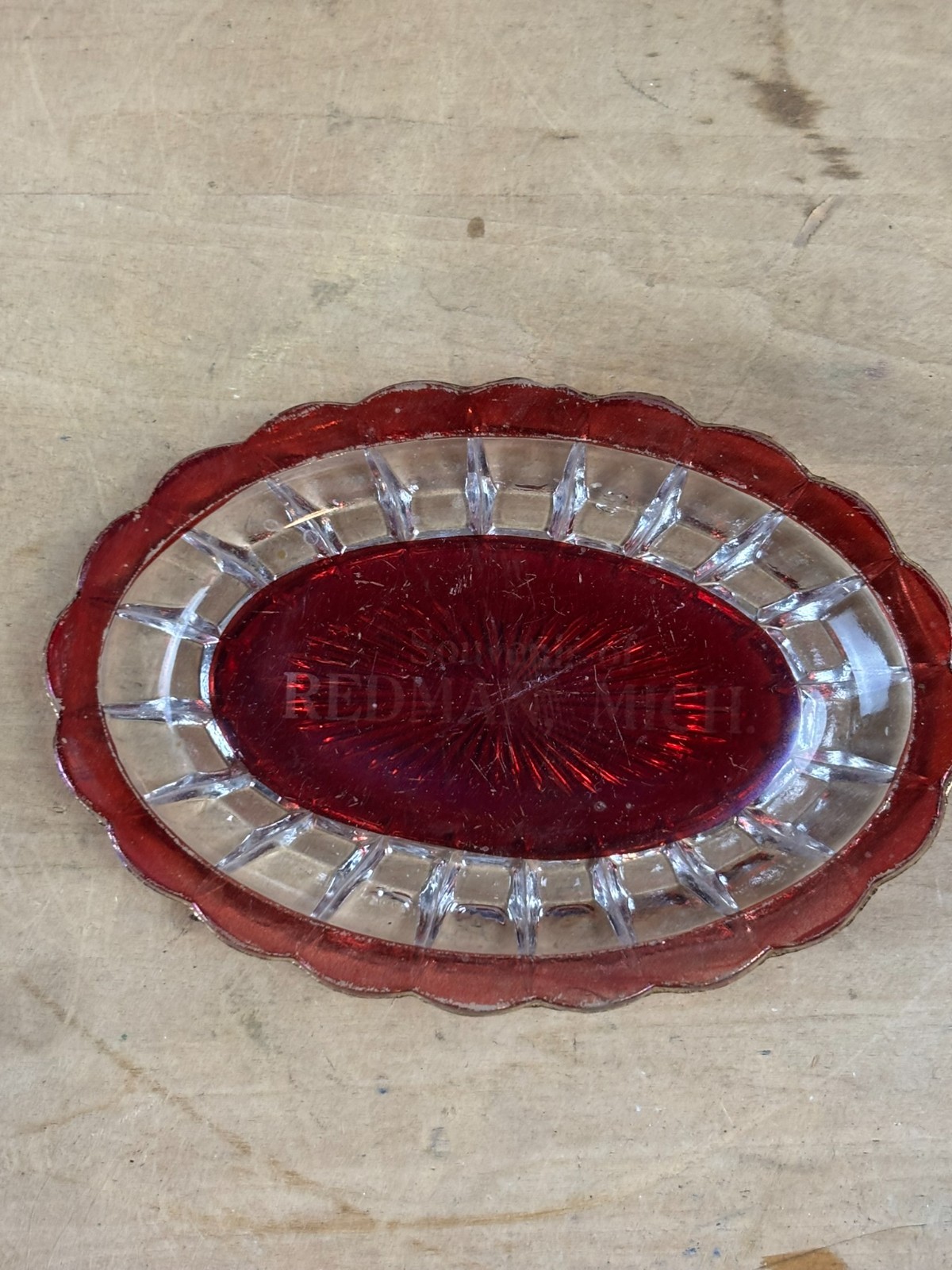 #38G Antique Redman Michigan Ruby Red Flash Souvenir Glass Candy Dish