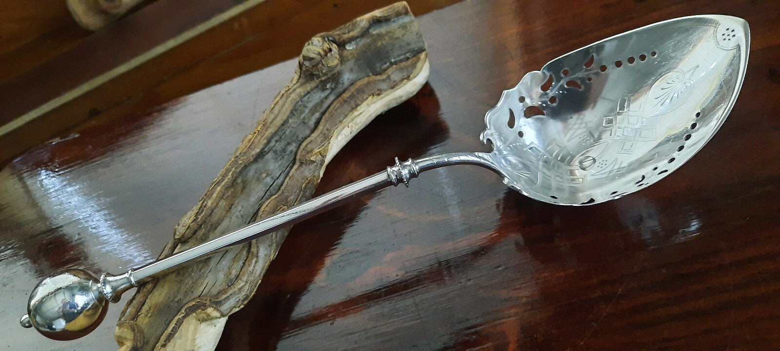 Sterling Silver George Sharp Large Ball End Slotted, Bright Cut Serving Spoon