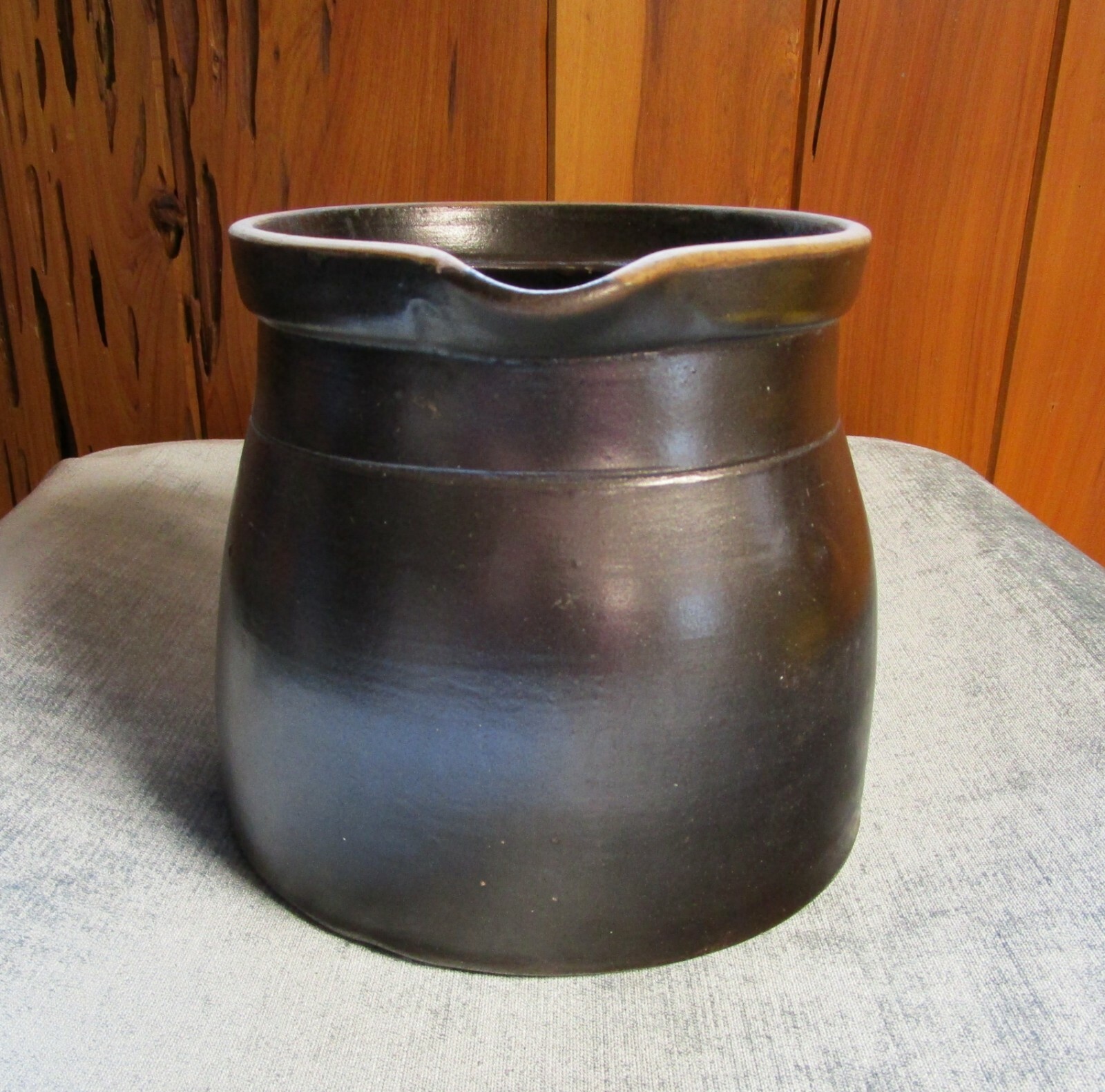 Primitive Large Stoneware Open Pitcher Albany Slip Glaze Incised Decoration