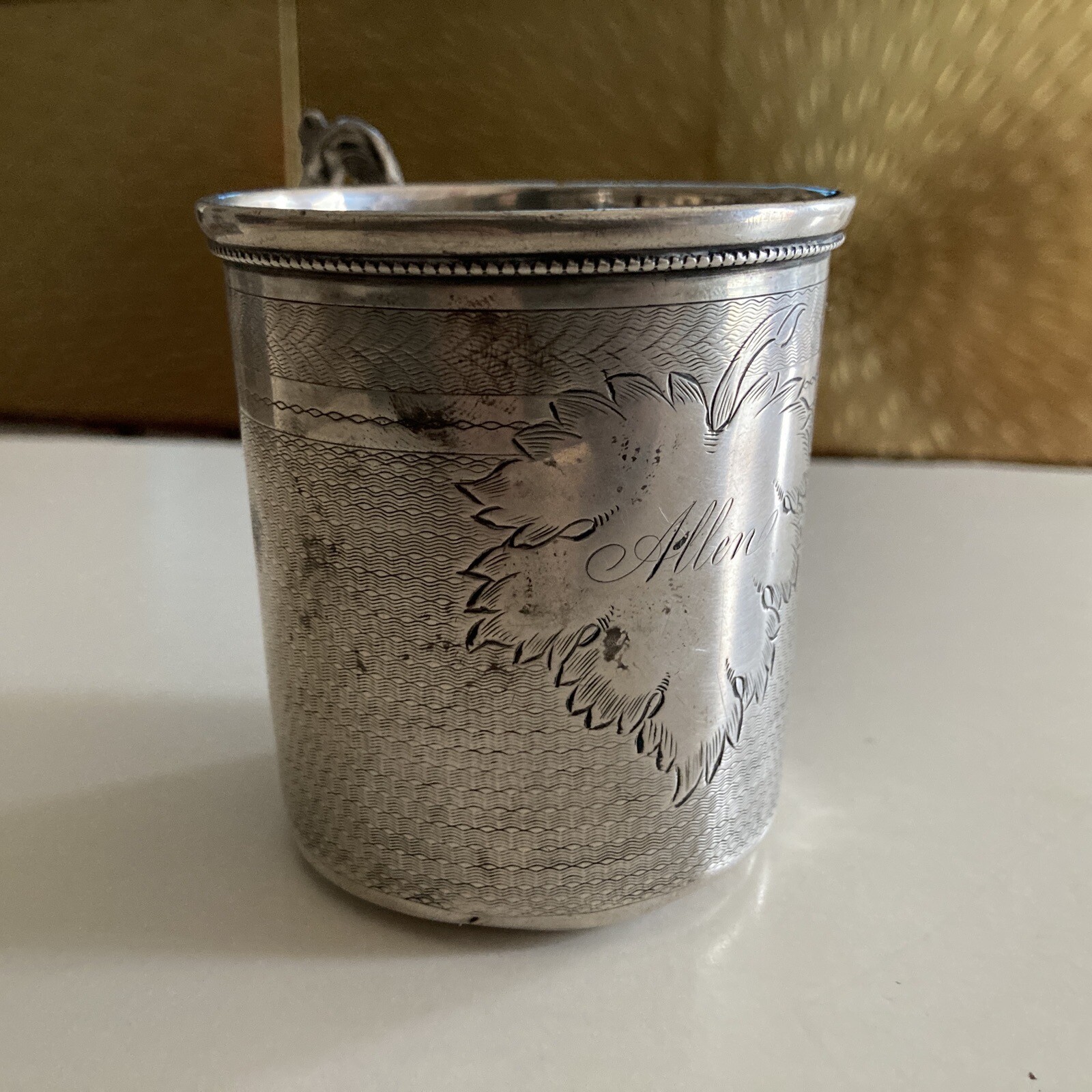 Antique American Coin Silver Maple Leaf Handle Cup S Hammond Co Utica NY