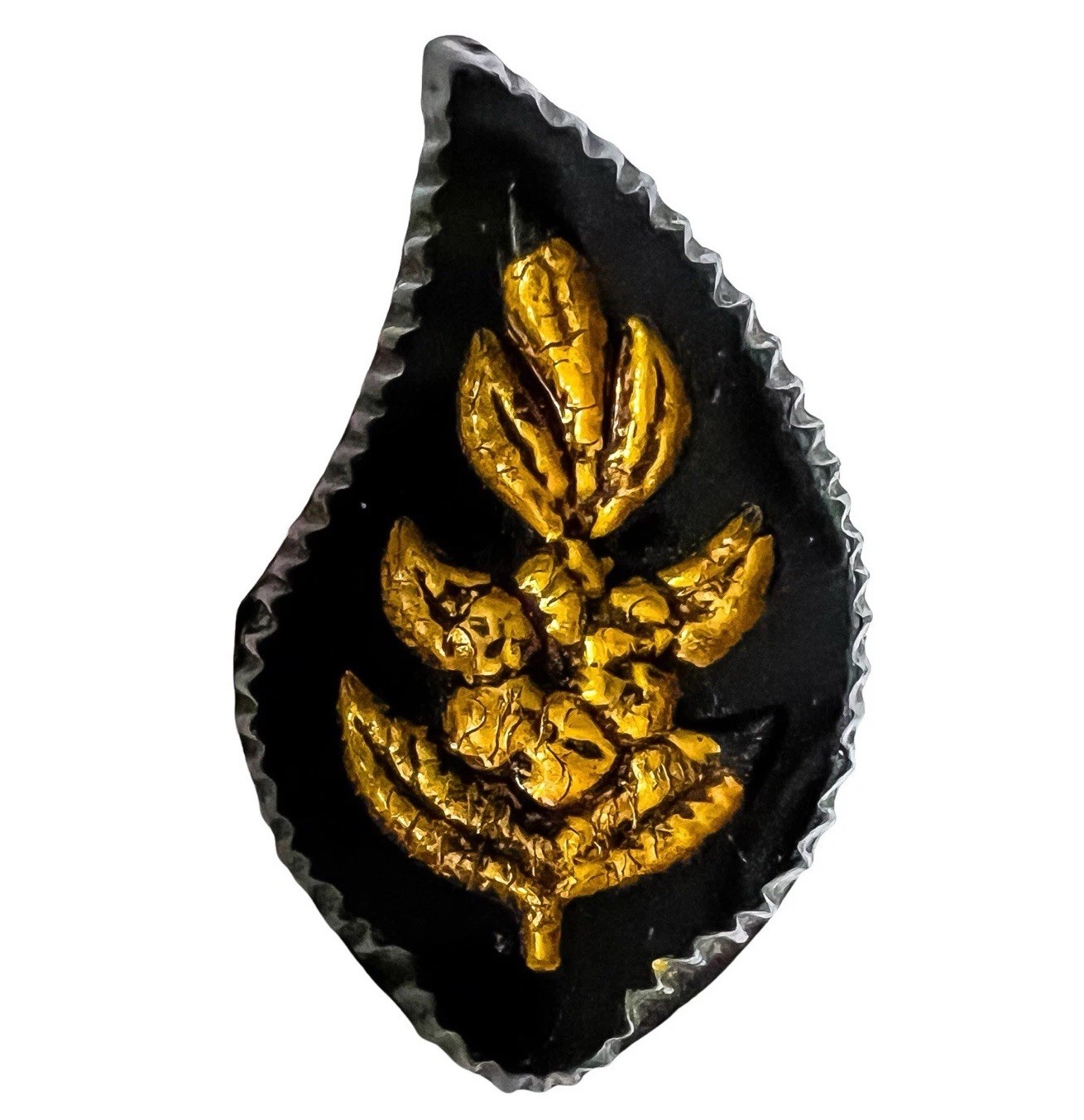 Victorian Antique Black Glass Button Realistic Leaf Gold Luster Metal Shank