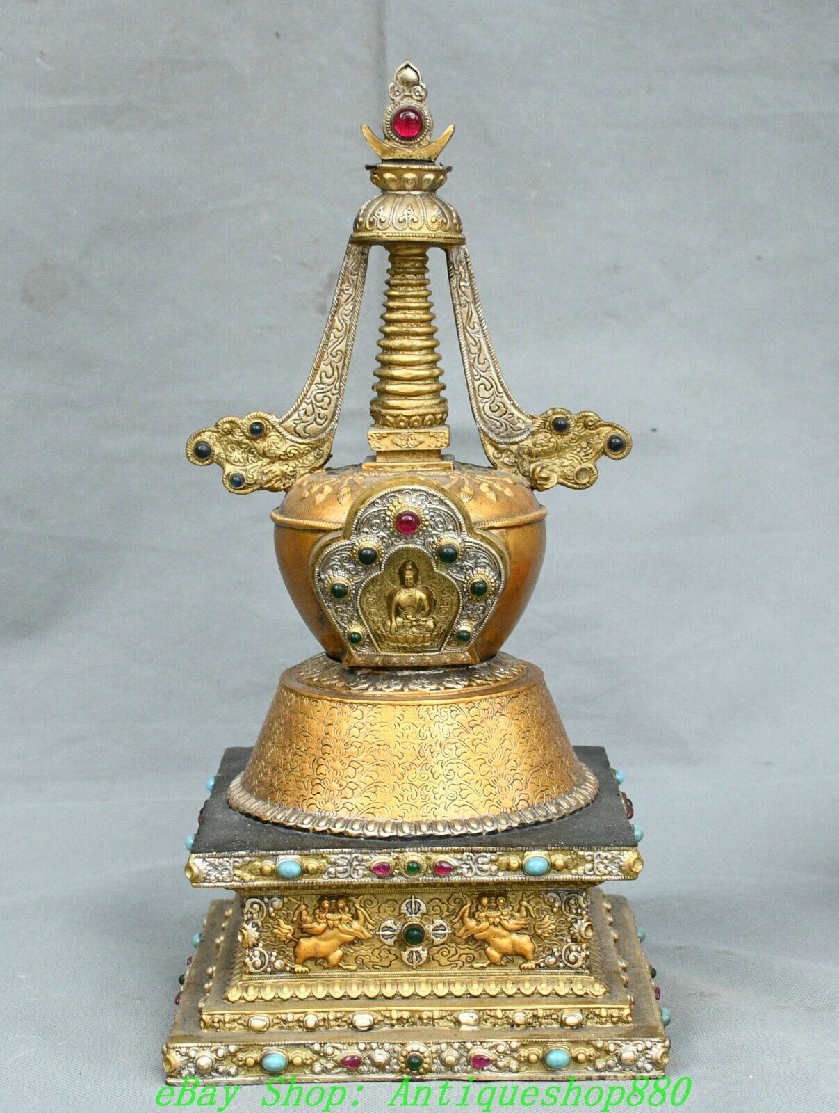13” Old Tibet Bronze Gilt Inlay Gems Shakyamuni Buddha Niche Stupa Pagoda Tower