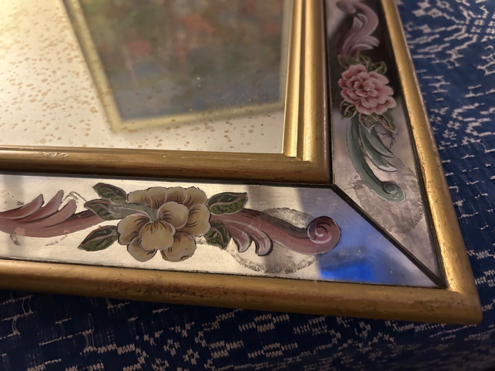 Italian 1940s Verre Eglomise Reverse Painted Mirror floral easel style AS IS