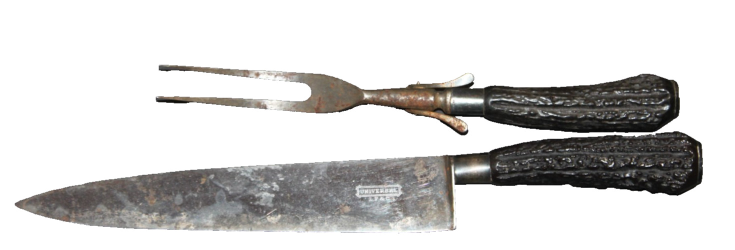 Antique Universal LF&C Carving Knife & Fork Set Sterling Silver Accents