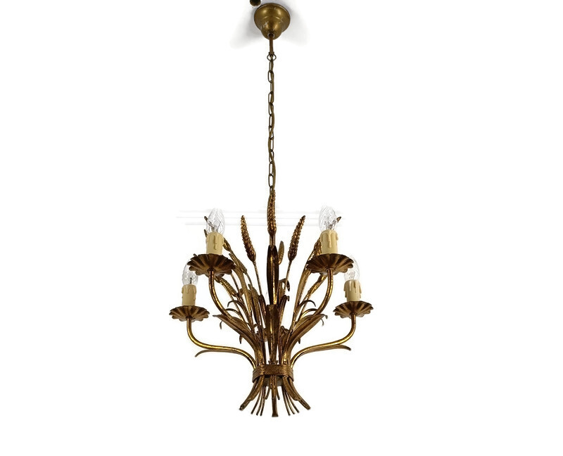 French Hollywood Regency Chandelier Light Wheat Sheaf Vintage 5 lights Gold Gil