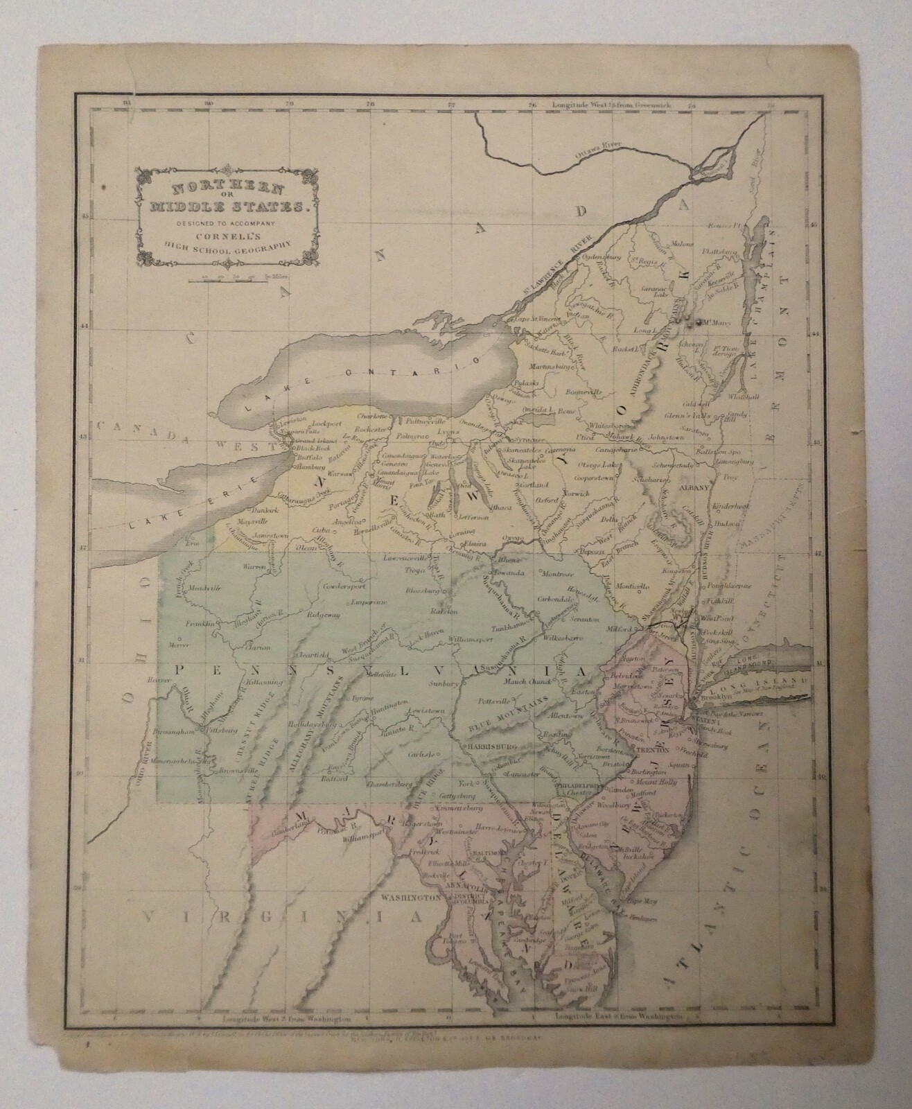 Antique Map US 1855 Geography School Western States Pennsylvania, NY, NJ, Delawa
