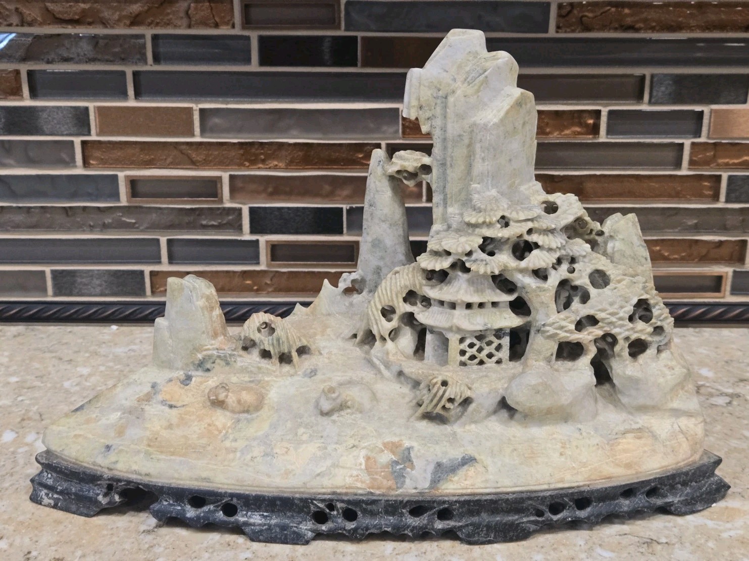 VNTG Hand Carved Chinese Mountain Village Natural Soapstone Ornate Carving 11 In