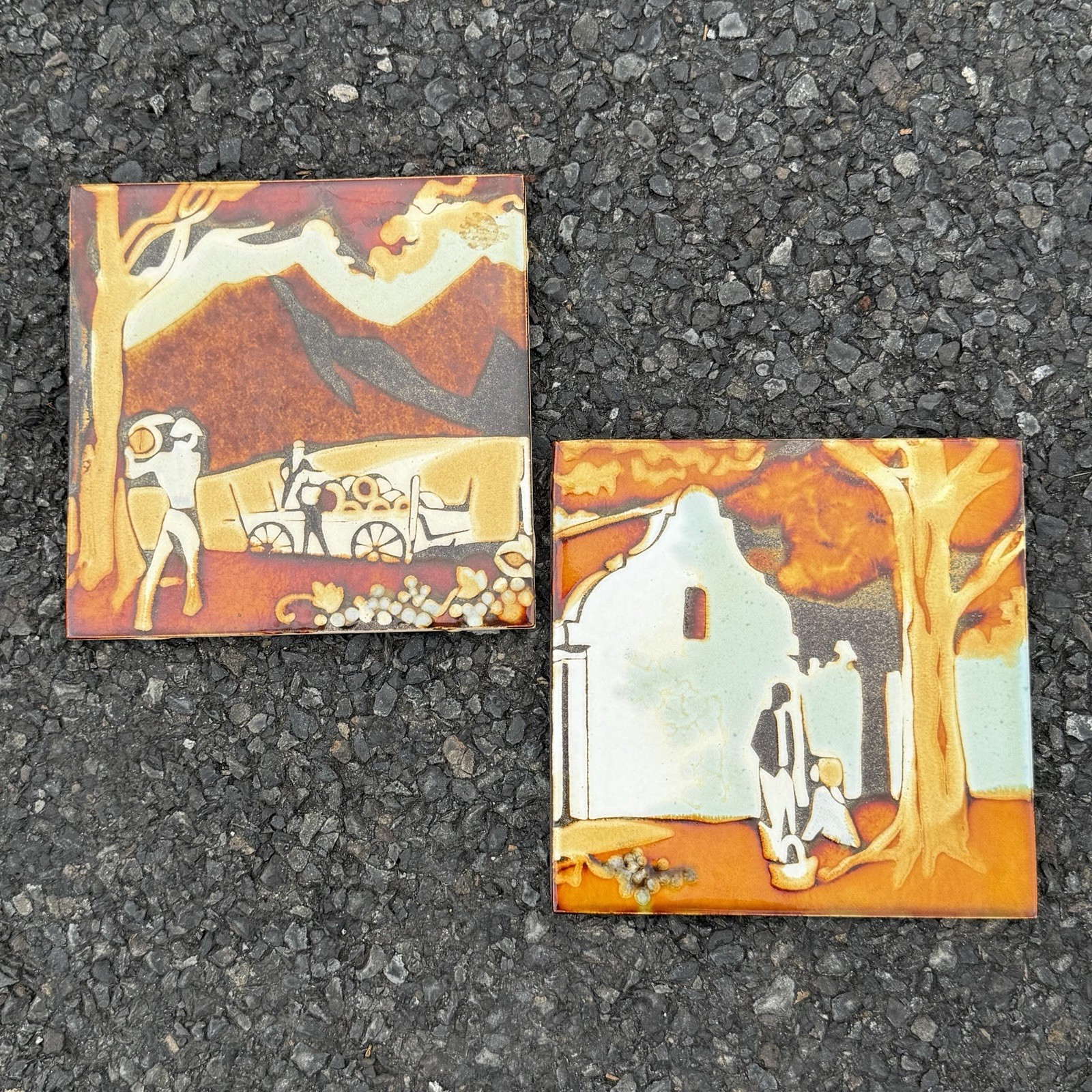 PILKINGTON Vintage Set 2 Tile Panels Mexican Mission Trees Landscape Brown