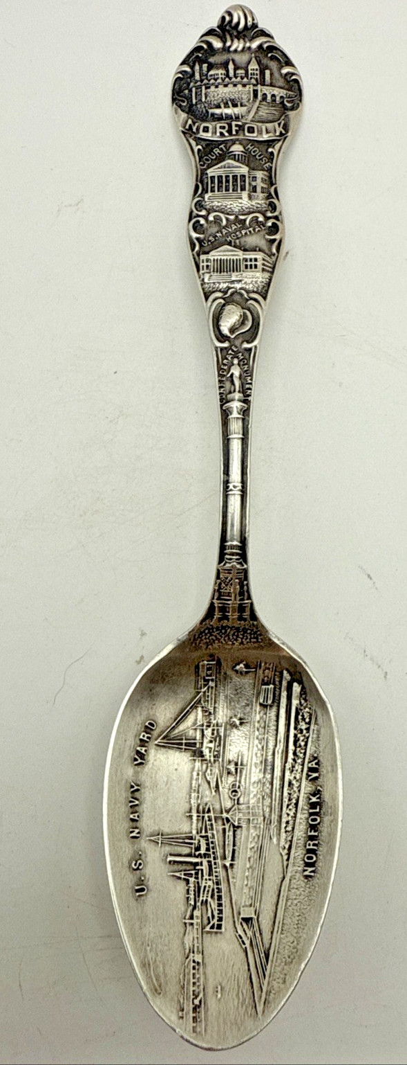 Sterling Silver Souvenir Spoon US Navy Yard Norfolk Virginia Dbl Sided Rare READ