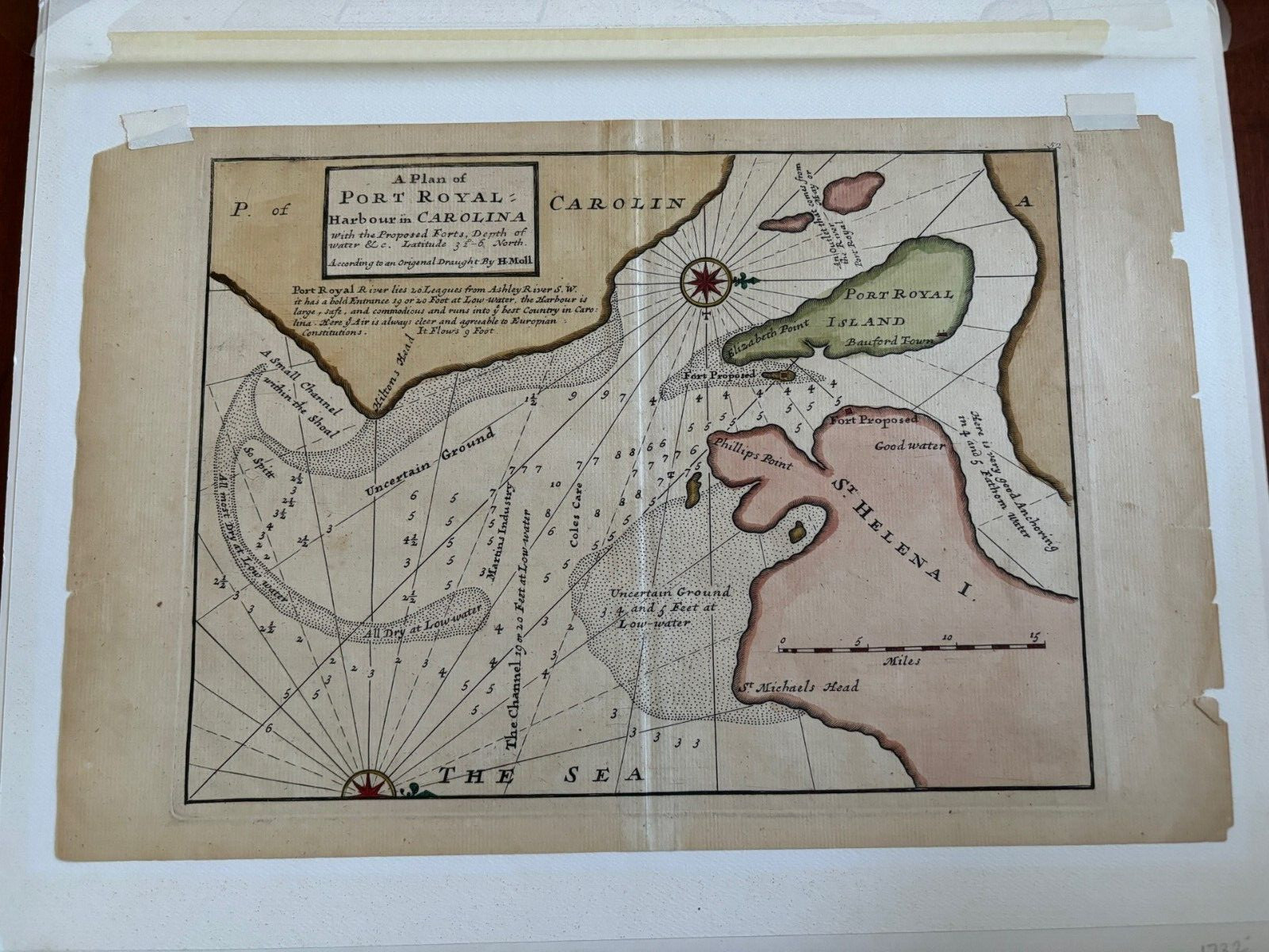 1732 Plan of Port Royal Harbour in Carolina w/ Proposed Forts, Herman Moll MAP