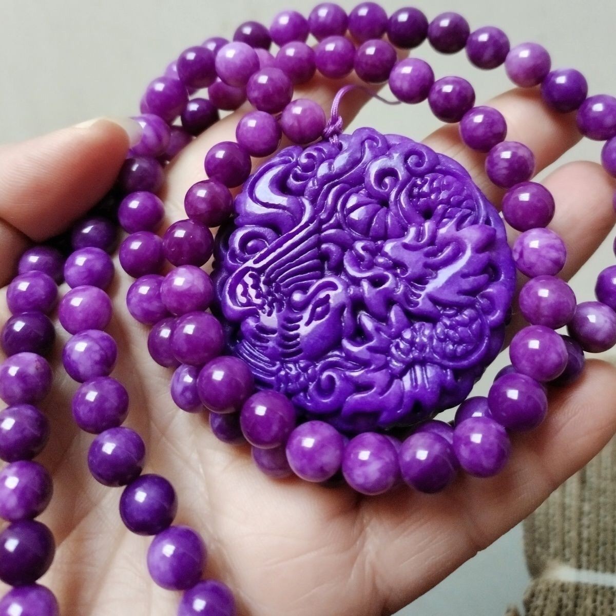 South African Carved Dragon Phoenix Pendant Royal Purple Suji Stone Amulet