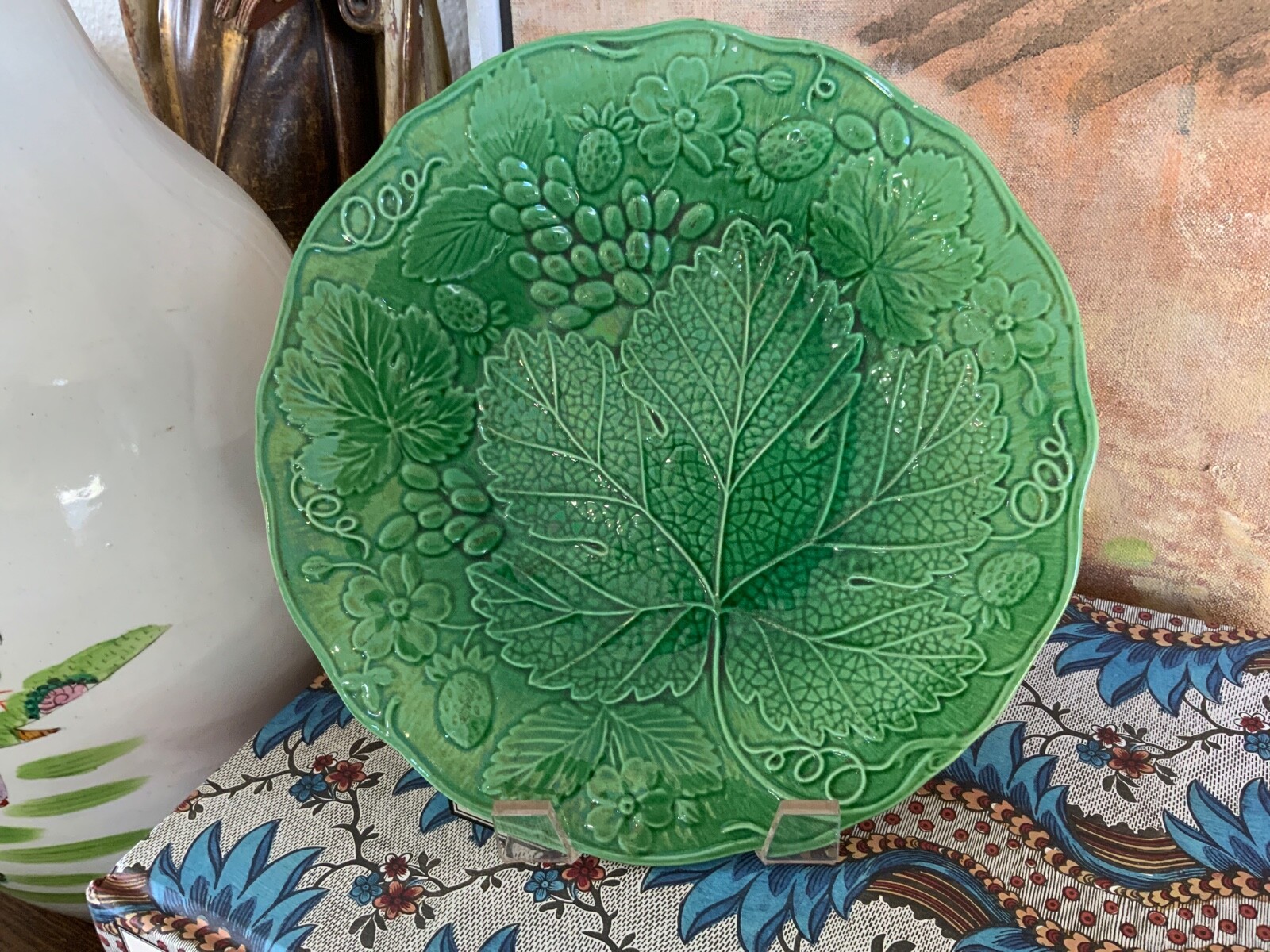 English Antique Green Majolica Plate 8.75” Leaves & Berries design.