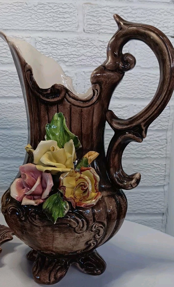 Large Capodimonte Style Porcelain Pitcher 12.” Floral Made In ITALY By Bassano