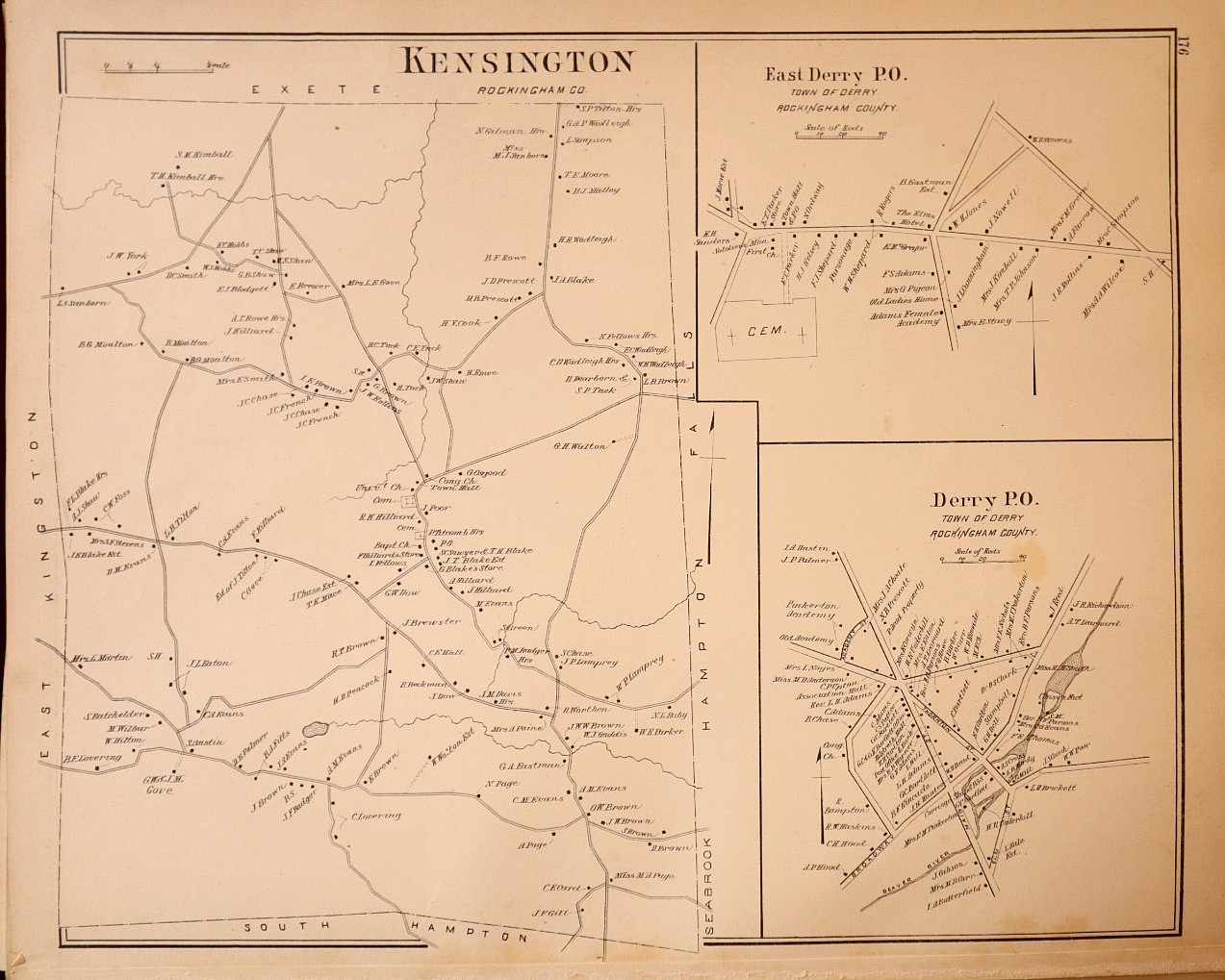 1892 Plat Map ~ Kensington – Derry, New Hampshire / Rye on Reverse (14×17)-#109