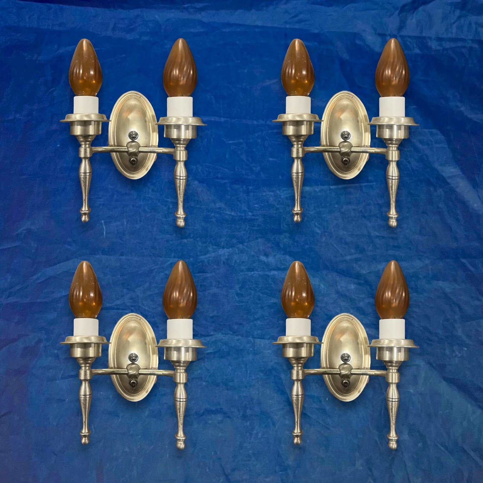 Set Of Four 4 antique Weathered Nickel Brass Two Arm wall sconces Nice 45J