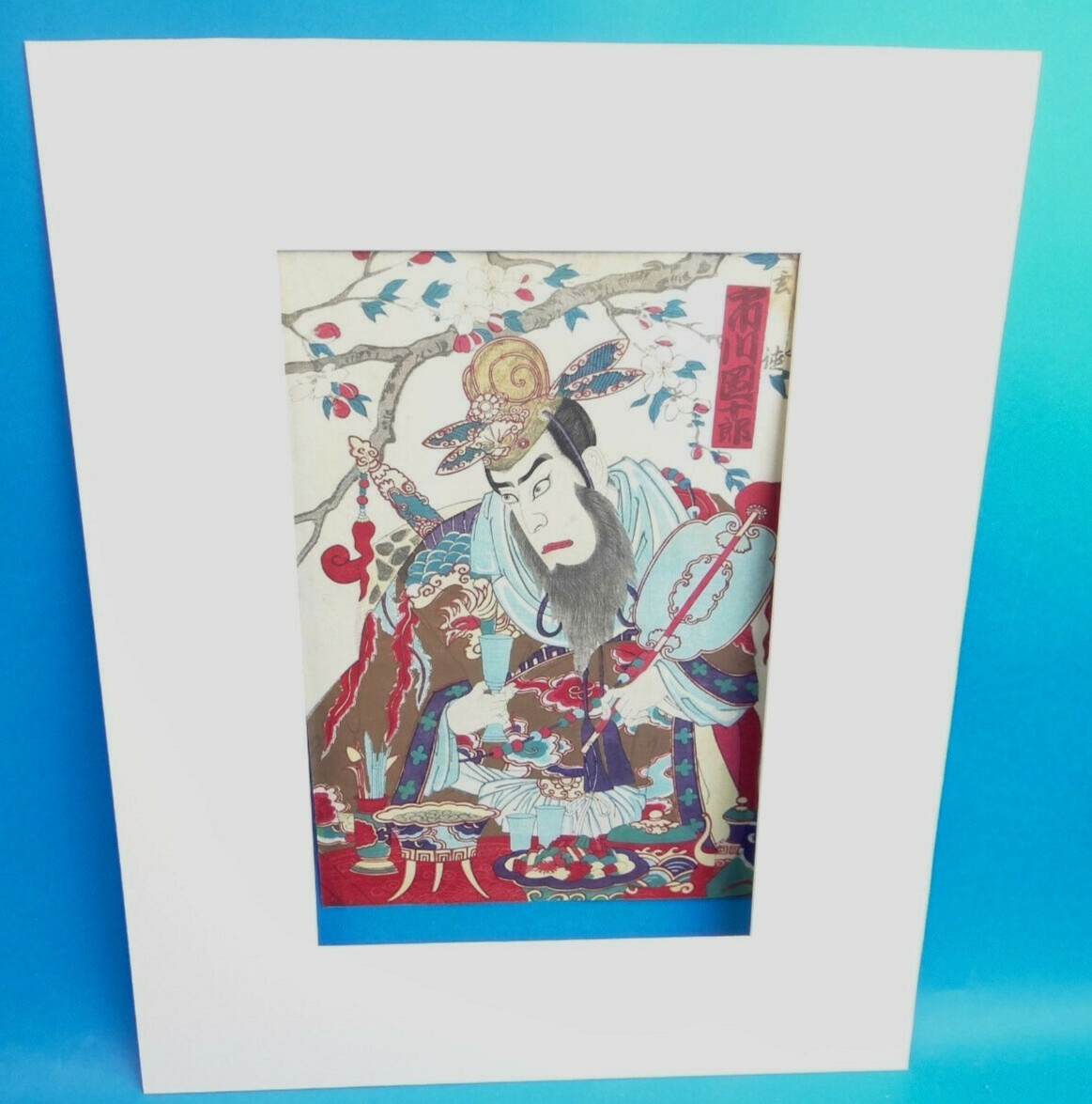 Antique Japanese Kabuki Actor Warrior Hand Colored Woodblock Print Unframed