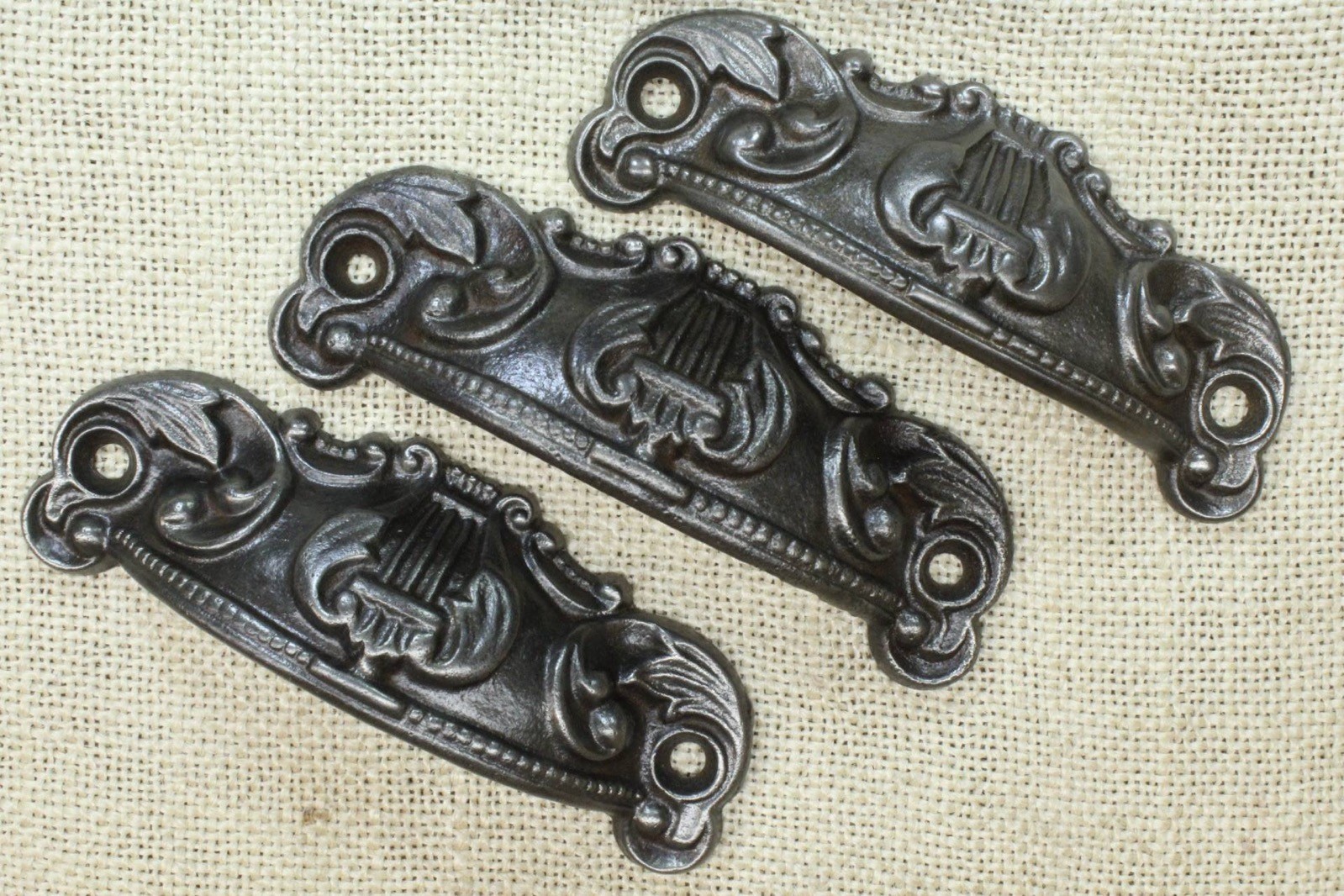 3 Old Bin Drawer Pulls Handles 4 1/4” Lyre Harp Ferns Cast Iron Vintage 1880’s