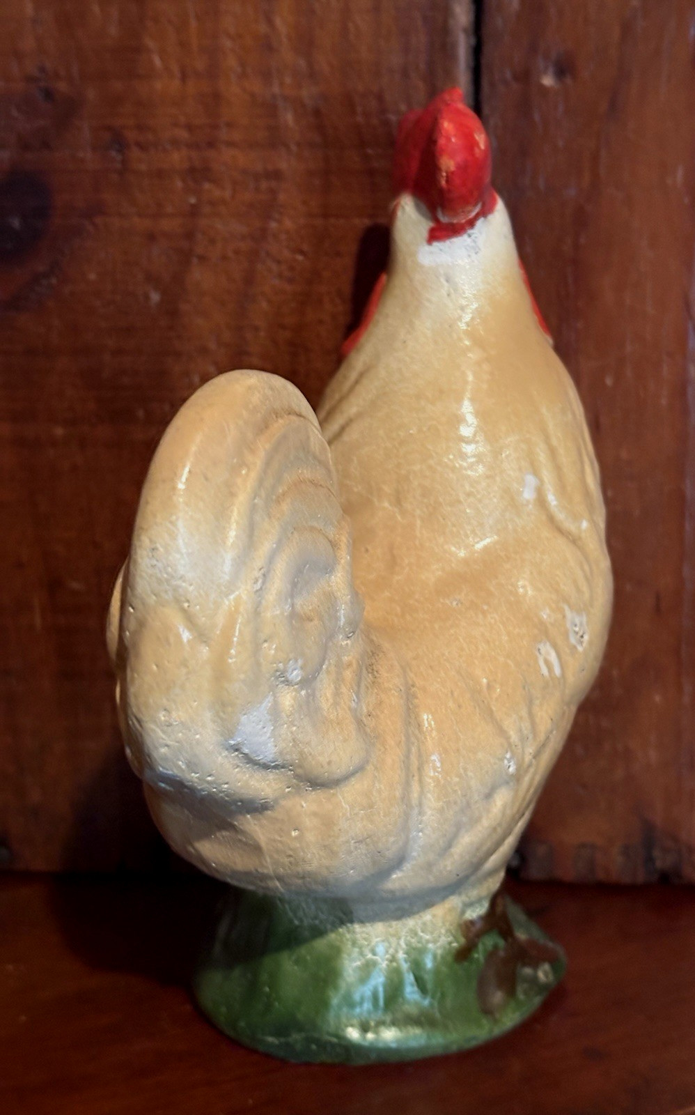 Large Antique Primitive Chalkware Chicken Figurine & Toy Wood Block AAFA
