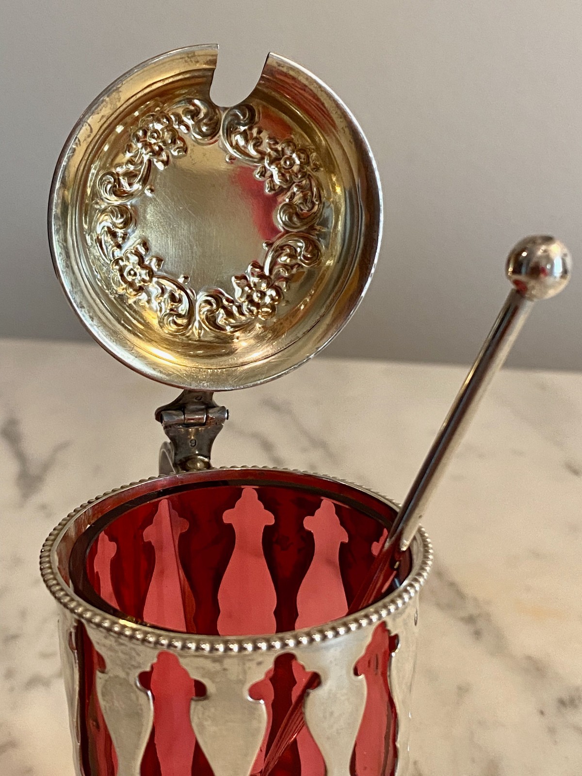 Sterling Silver Victorian Cutwork Mustard Pot Cranberry Liner w/Sterling Spoon