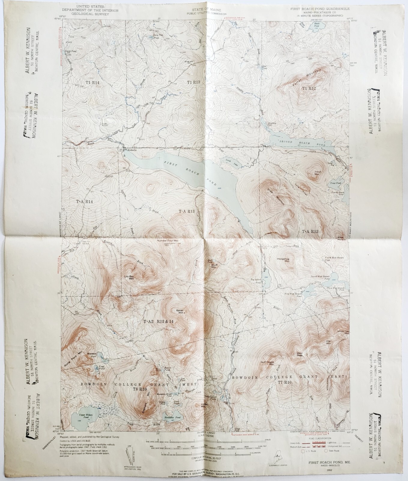 1955 Map USGS Topographic First Roach Pond Maine Antique Quadrangle TOPO23