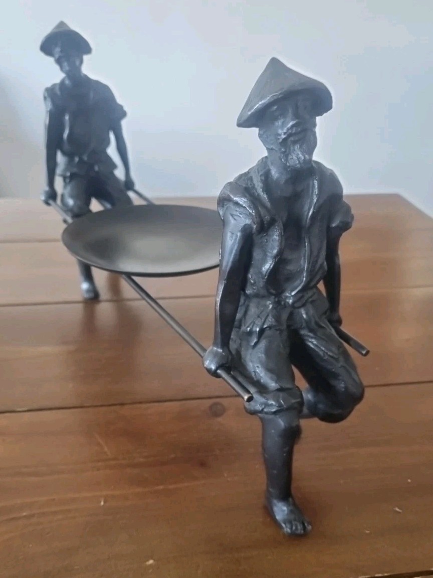 Vintage Chinese Bronze Figurine – Two Men Carrying Basket Candle Holder