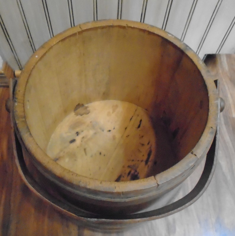 Handsome antique 3-Banded Wooden Firkin Bucket with Lid 10 ½” bottom 10″ high