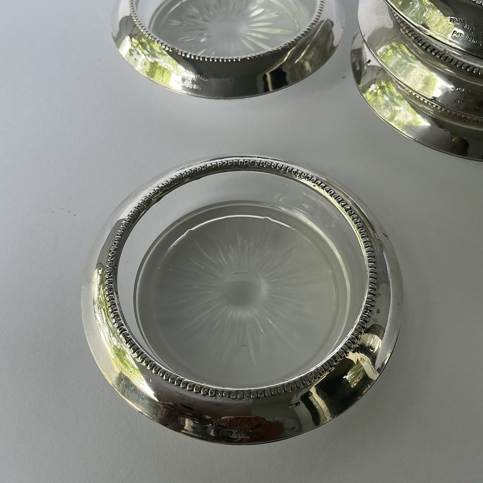 Frank M Whiting Sterling Silver Glass Coasters Set of 5 Beaded Vtg Pat Pend 04