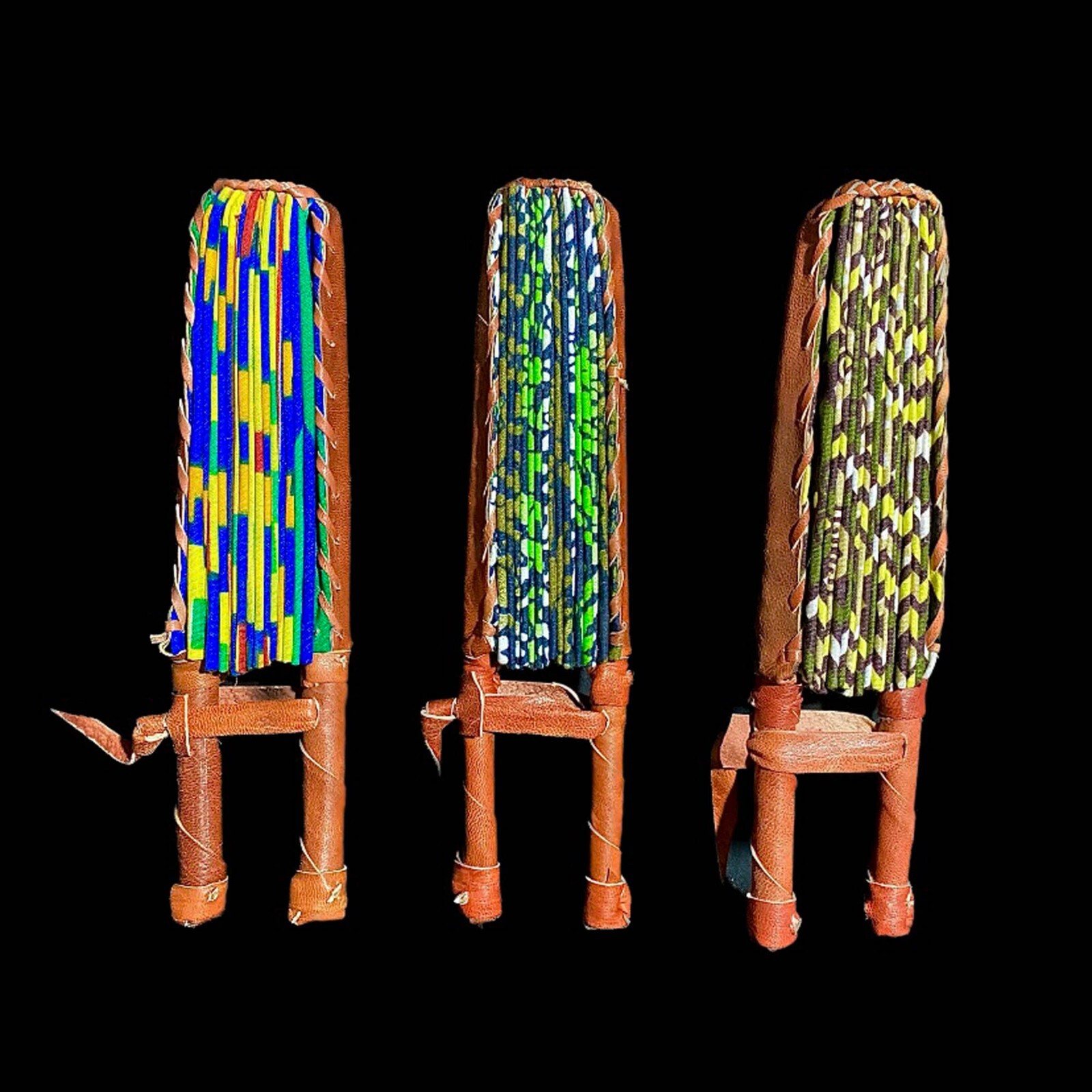African Kente Cloth Hand Fans Set of 3 Foldable Tribal Art Collectible Deco-7665
