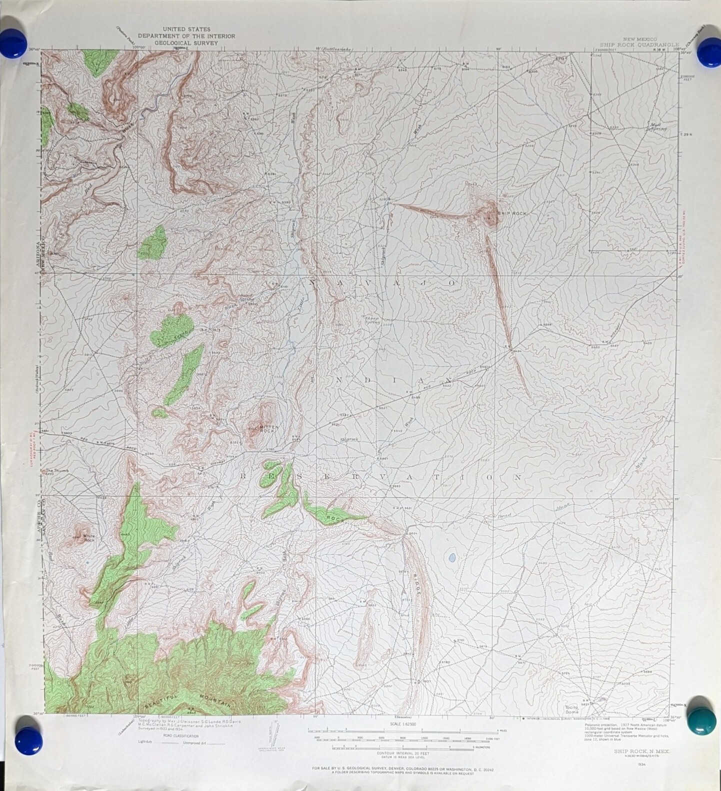 Antique Ship Rock, New Mexico 1934 US Geological Survey Topographic Map – Navajo