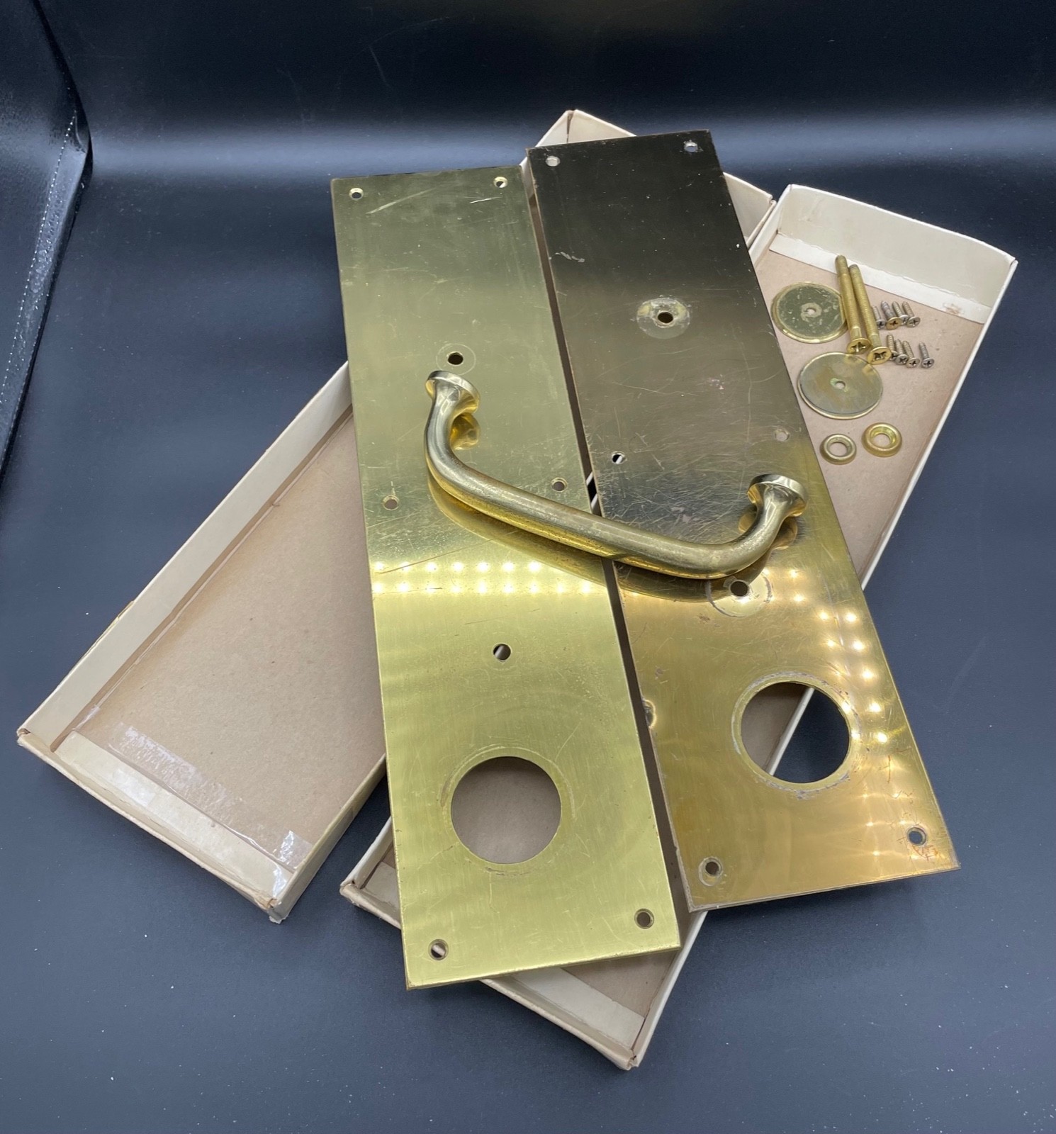 Vintage COMMERCIAL Brass Door Plates 16″ x 4″ and Brass Handle 6″ With Hardware